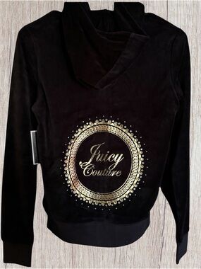 Juicy Couture black velour hoodie Gold Embellished rhinestone JC hit on back.